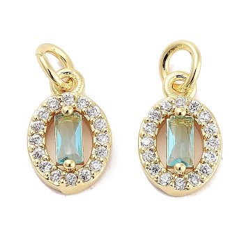 Brass Micro Pave Cubic Zirconia Charms, with Jump Ring, Oval, Real 18K Gold Plated, Light Blue, 10x6.5x3.5mm, Hole: 2mm