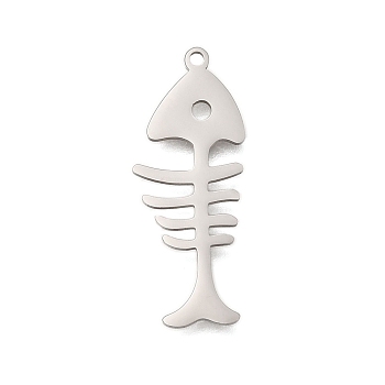 Anti-Tarnish 304 Stainless Steel Pendants, Laser Cut, Fishbone Charm, Stainless Steel Color, 25x10x1mm, Hole: 1.2mm