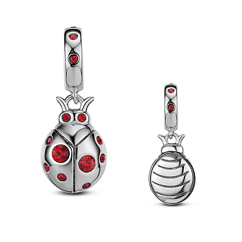 TINYSAND Ladybug Thailand 925 Sterling Silver European Dangle Charms, Large Hole Pendants, with Cubic Zirconia, Antique Silver, 22.34x8.78x8.6mm, Hole: 4.31mm