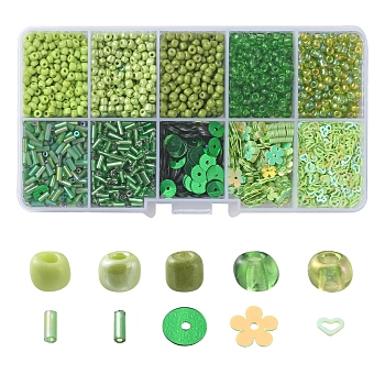 DIY Jewelry Making Finding Kit, Including Glass Seed Round & Plastic Paillette Beads, Shining Nail Art Glitter, Manicure Sequins, Green, 112G/box