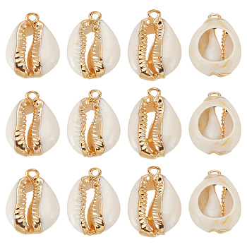 12Pcs Electroplate Cowrie Shell Pendants, with Iron Findings, Golden, 17~25x10~15x5~7mm, Hole: 1.5mm