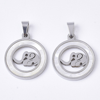 201 Stainless Steel Pendants, with Shell and Random Size Snap on Bails, Flat Round with Elephant, Stainless Steel Color, 23x20x2mm, Hole: 7~10x3~5mm
