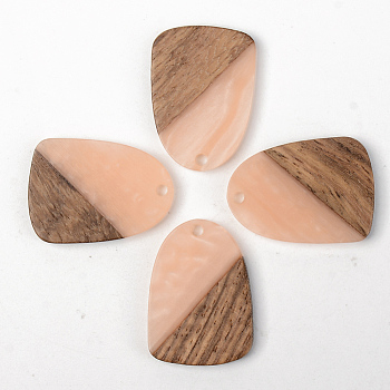 Opaque Resin & Walnut Wood Pendants, Teardrop, Light Salmon, 28x20x3mm, Hole: 2mm