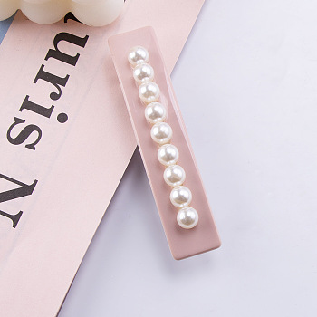 Rectangle Cellulose Acetate Hair Barrettes, Plastic Imitation Pearls Hair Accessories for Girls, Misty Rose, 87x16x25mm