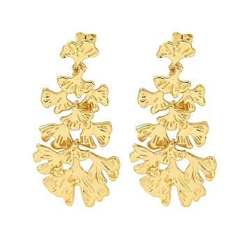 Gingko Leaf Shape Rack Plating Brass Dangle Stud Earrings, Cluster Earrings, Long-Lasting Plated, Cadmium Free & Lead Free, Real 18K Gold Plated, 63x29.5mm
