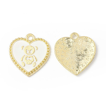 Alloy Enamel Pendants, Heart with Bear Pattern Charm, Golden, White, 21x19x1.7mm, Hole: 2mm