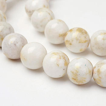 Natural Mashan Jade Beads Strands, with Gold Powder, Dyed, Round, Floral White, 6mm, Hole: 1mm, about 62pcs/strand, 16 inch