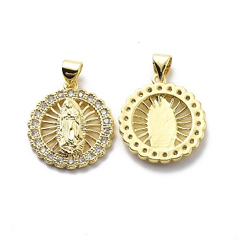 Brass Micro Pave Clear Cubic Zirconia Pendants, Flat Round with Virgin Mary Pattern Charm, Religion Theme, Real 18K Gold Plated, 20.5x18.5x2.5mm, Hole: 3.5x4.5mm
