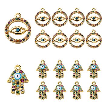 4Pcs 2 Style Brass Micro Pave Cubic Zirconia Charms, with Enamel, Hamsa Hand/Hand of Miriam & Ring with Evil Eye, Golden, 14x10~12x2mm, Hole: 1mm, 2pcs/style