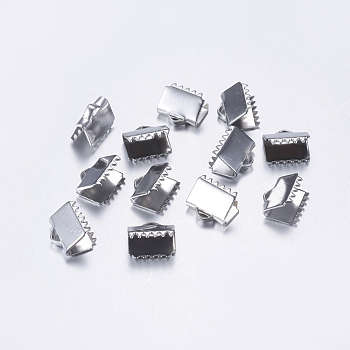 304 Stainless Steel Ribbon Crimp Ends, Rectangle, Stainless Steel Color, 7.5x9mm, Hole: 1mm