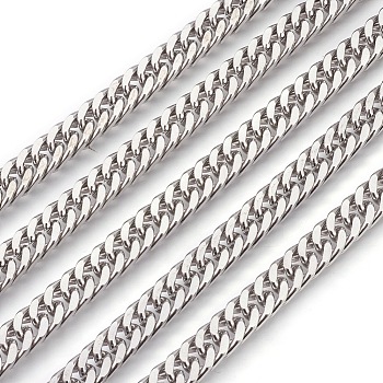 201 Stainless Steel Cuban Link Chains, Chunky Curb Chains, Unwelded, Stainless Steel Color, 7mm