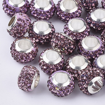 Polymer Clay Rhinestone European Beads, with Brass Single Cores, Large Hole Beads, Rondelle, Platinum, Amethyst, PP11(1.7~1.8mm), 11x8mm, Hole: 5mm