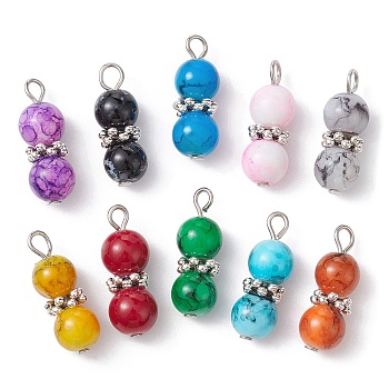 10Pcs 10 Color Baking Painted Glass Round Beaded Pendants, with Alloy and Iron Findings, Gourd Charms, Mixed Color, 23.5x8mm, Hole: 3.2mm, 1Pc/color