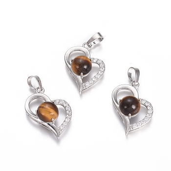 Natural Tiger Eye Pendants, with Platinum Tone Brass Findings and Crystal Rhinestone, Heart, 29x21.5x9mm, Hole: 7x3.5mm