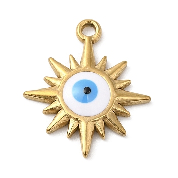 Real 18K Gold Plated 304 Stainless Steel Pendants, with Enamel, Sun with Evil Eye Charm, White, 21x18x3mm, Hole: 1.6mm