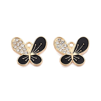 Alloy Enamel Pendants, with Crystal Rhinestone, Cadmium Free & Lead Free, Light Gold, Butterfly Charms, Black, 16.5x18.5x2.5mm, Hole: 1.8mm