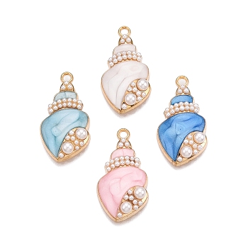 Rack Plating Alloy Enamel Pendants, with ABS Imitation Pearl, Cadmium Free & Nickel Free & Lead Free, Light Gold, Conch Charm, Mixed Color, 28x15x5mm, Hole: 1.8mm