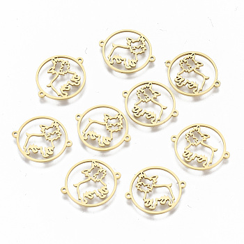 304 Stainless Steel Links Connectors, Laser Cut, Flat Round with Hollow Dog, Real 18K Gold Plated, 15x18x1mm, Hole: 0.8mm