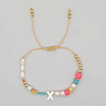 Initial Letter Natural Pearl Braided Bead Bracelet, Adjustable Bracelet, Letter X, 11 inch(28cm)