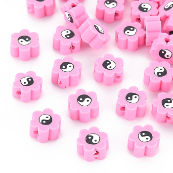 Handmade Polymer Clay Beads, for DIY Jewelry Crafts Supplies, Flower with Yinyang, Pearl Pink, 8~9x7.5~8.5x4~4.5mm, Hole: 1.6~1.8mm