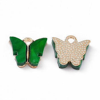 Acrylic Charms, with Light Gold Tone Alloy Finding, Butterfly Charm, Green, 13x14x3mm, Hole: 2mm
