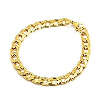 304 Stainless Steel Curb Chain/Twisted Chain Bracelets, with Lobster Claw Clasps, Golden, 8-1/4 inch(210mm), 8mm