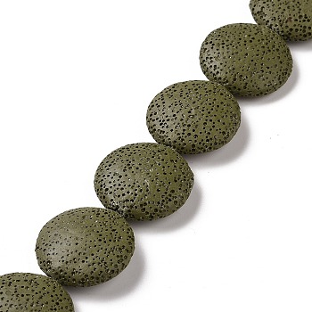 Natural Lava Rock Beads Strands, Flat Round, Dyed, Dark Olive Green, 25~27x7~8mm, Hole: 1mm, about 14pcs/strand, 14.5 inch