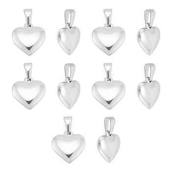 10Pcs 304 Stainless Steel Pendants, Puffed Heart, Stainless Steel Color, 16x16x5mm, Hole: 7x4mm