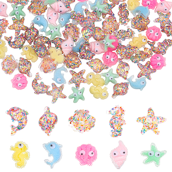 80Pcs 10 Style Ocean Theme Transparent Resin Cabochons, Mixed Shapes, Mixed Color, 17~25x13~22x6.5~10mm, 8pcs/style