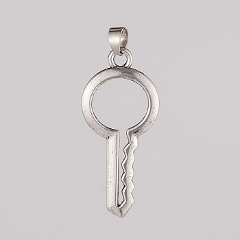 Tibetan Style Alloy Pendants, Key, Antique Silver, 45x21x2mm, Hole: 5x7mm