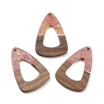 Walnut Wood Pendant, Resin & Gold Foil, Teardrop, Light Coral, 45x30x3.5mm, Hole: 2mm