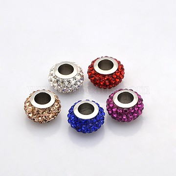 Rondelle 304 Stainless Steel Polymer Clay Rhinestone European Beads, Large Hole Beads, Stainless Steel Color, Mixed Color, 12x7mm, Hole: 5mm(CPDL-N001-01)