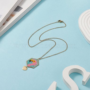 Glass Seed Braided Hexagon with Flamingo Pendant Necklace(NJEW-MZ00014)-2