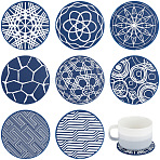 8Pcs 8 Style Silicone Cup Mats, Coaster, Flat Round, Midnight Blue, Mixed Patterns, 96x3mm, 1pc/sytle(AJEW-CP0001-77)