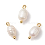 Natural Cultured Freshwater Pearl Rice Charms, with Brass Loops, Creamy White, Golden, 12.5~14.5x5.5mm, Hole: 2mm(PALLOY-JF04643-01)