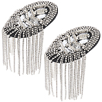 2Pcs Felt & Iron & Rhinestone Tassel Epaulette, Epaulet Shoulder Decoration, Platinum, 170x53x8mm(AJEW-CN0007-74A-P)