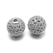 Brass Micro Pave Cubic Zirconia Round Beads, Real Platinum Plated, Lead Free & Cadmium Free & Nickel Free, Clear, 10mm, Hole: 1.8mm(ZIRC-M069-17E-NR)