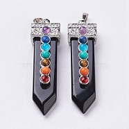 Natural Obsidian with Synthetic & Natural Mixed Stone Chakra Big Pendants, Sword, Platinum, 57~60x16.5x12mm, Hole: 5mm(G-E415-A12)