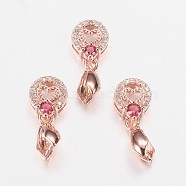 Long-Lasting Plated Brass Micro Pave Cubic Zirconia Ice Pick Pinch Bails, Flat Round with Heart, Camellia, Real Rose Gold Plated, 19mm, Hole: 2x4mm, Pin: 0.6mm(ZIRC-F069-04B-RG)