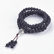 Dual-use Items, Four Loops Natural Lava Rock Wrap Bracelets/Beaded Necklaces, with Alloy Findings and Burlap Packing, Antique Silver, 28.3 inch(72cm)(BJEW-JB03457-01)