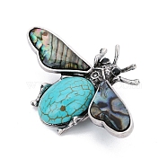 Natural Turquoise Brooches, with Shell and Rhinestone, Insect, 36x60mm(PW-WG70409-08)