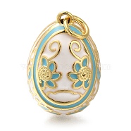 Brass Enamel Pendants, with Jump Ring, Real 18K Gold Plated, Egg with Flower Charm, White, 23.5x15.5mm, Hole: 4mm(KK-K389-150G-01)