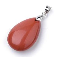 Natural Red Jasper Pendants, with Alloy Findings, teardrop, Platinum, 23~24x14x8mm, Hole: 4x5mm(G-S243-19)