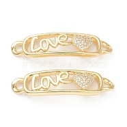 Brass Micro Pave Clear Cubic Zirconia Links Connectors, Long-Lasting Plated, for Valentine's Day, Rectangle with Heart & LOVE , Real 18K Gold Plated, 10x37.5x4mm, Hole: 2.5mm(ZIRC-M117-33G)