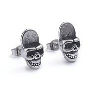 Retro 304 Stainless Steel Stud Earrings, with Ear Nuts, Skull, Antique Silver, 15.5x9mm, Pin: 0.7mm(EJEW-L248-008AS)