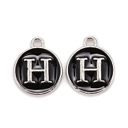 Platinum Plated Alloy Charms, Cadmium Free & Lead Free, with Enamel, Enamelled Sequins, Flat Round with Letter, Letter.H, 14x12x2mm, Hole: 1.5mm(ENAM-S118-02H-P)