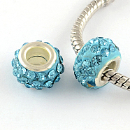 Polymer Clay Rhinestone European Large Hole Beads with Silver Color Plated Brass Cores, Rondelle, Aquamarine, 11~12x7~7.5mm, Hole: 5mm(FPDL-R002-12)