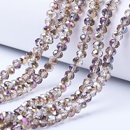 Electroplate Transparent Glass Beads Strands, Half Plated, Faceted, Rondelle, Rose Gold Plated, 6x5mm, Hole: 1mm, about 85~88pcs/strand, 16.1~16.5 inch(41~42cm)(X-EGLA-A034-T6mm-Z02)