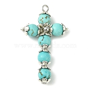 Synthetic Turquoise Copper Wire Wrapped Pendants, Cross Charms, Platinum, Dyed, 39x23~24x7mm, Hole: 1.8~2mm(PALLOY-TA00066-04)