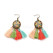 Bohemia Vintage Flat Round with Tassel Dangle Earrings, Zinc Alloy Chandelier Earrings for Women, Antique Bronze, Colorful, 72mm, Pin: 0.7mm(EJEW-I261-04AB)